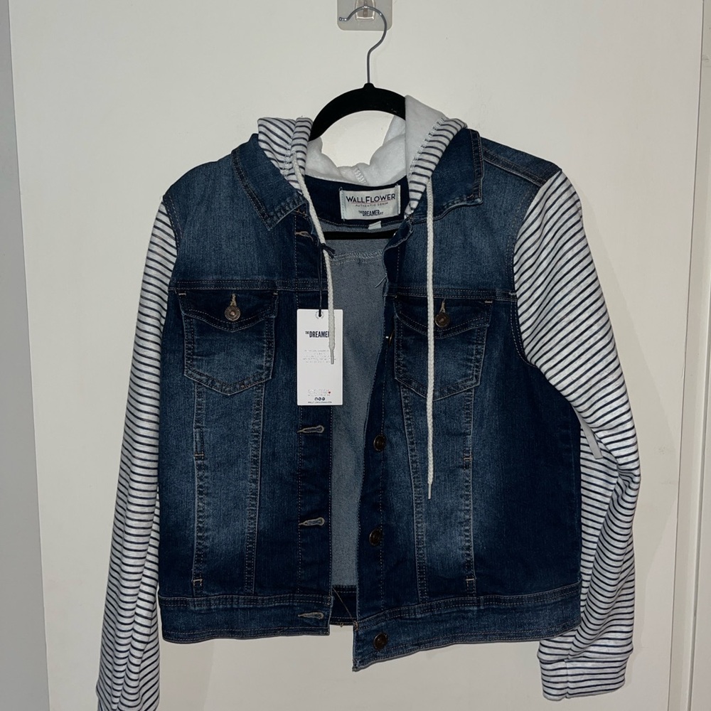 Wallflower Woman’s Blue Denim Jacket with Striped Sleeves